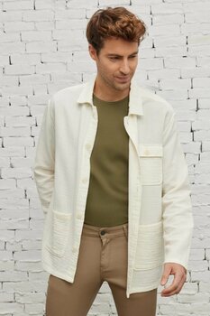 ALTINYILDIZ CLASSICS Erkek Bej Comfort Fit Rahat Kesim Gizli Düğmeli Yaka %100 Pamuk Kışlık Gömlek Ceket M Beden