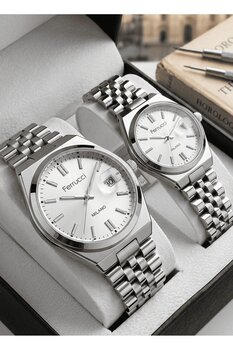 Ferrucci Milano Çift Kol Saati Seti Kadın & Erkek Çelik Kordon Silver | Sevgiliye Özel Şık Saat Seti