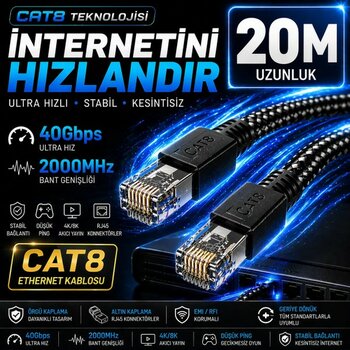 Airstorr Cat8 Ethernet Kablosu 40Gbps 2000MHz | Gaming & Modem Uyumlu Örgü LAN Kablosu 1-20m - 20 m