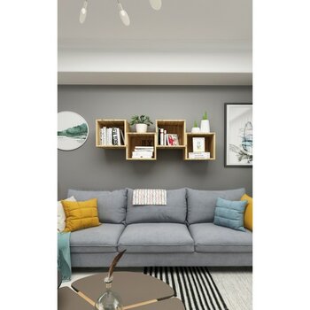 Dekormer Design Kitaplık Kare Duvar Rafı 4 Lü Takım Atlantik Çam