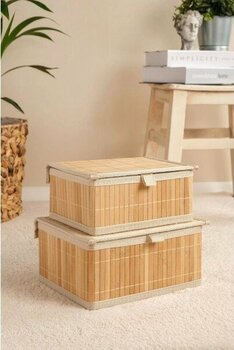 Marion - 2 Li Küçük Bambu Iç Korumalı, Kapaklı, Organizer, Düzenleyici, Saklama Kutusu - 24x19x12 cm