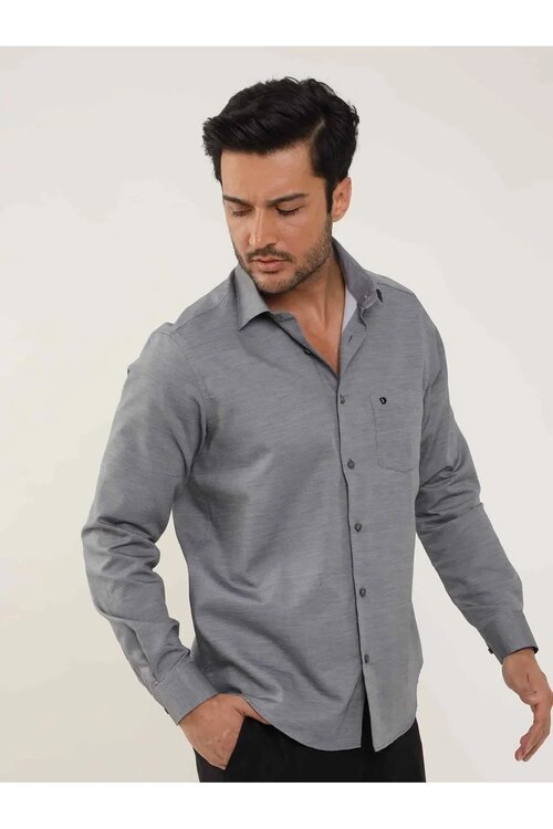 Dufy Regular Fit Melanj Desenli Siyah Brent Yaka Uzun Kol Gömlek 104324