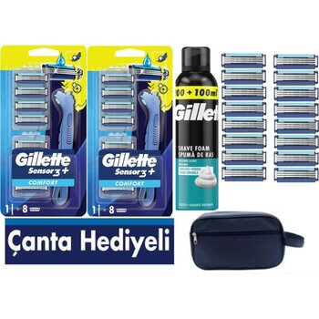 Gillette Sensor3 Plus Comfort 2 Makine +16 Adet Yedek Tıraş Bıçağı+ 300 ml Köpük+Çanta