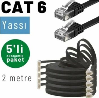 Irenıs 5 Adet 2 Metre Siyah Cat6 Kablo Yassı Ethernet Network Lan Ağ İnternet Kablosu
