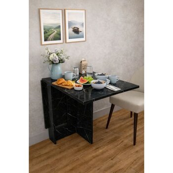 Mobilyacın Demonte Pratik Açılır Kapanır Kanatlı Masa - Yemek Masası Siyah Mermer