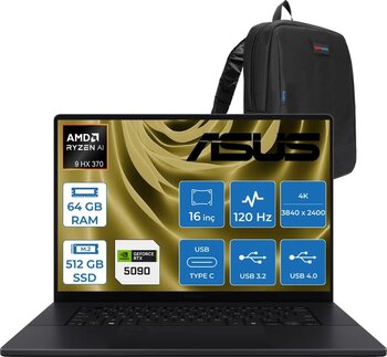 Asus Proart P16 Wh7606wx Amd Ryzen Aı 9 Hx 370 64Gb Ddr5 512Gb Ssd Freedos Rtx5090 24Gb Gddr7 16 Inç Dokunmatik 4K(3840 X 2400) Oled 0.2Ms 120Hz 1600Nıts Wse039wf01+ Zetta Çanta