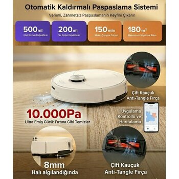 Roborock 10000 Pa Emiş Güçlü Lazer Haritalamalı Titreşimli Paspaslı Çift Rulolu Fırçalı Otomatik Paspas Kaldıran Islak Kuru Akıllı Robot Süpürge