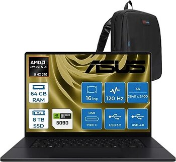 Asus Proart P16 WH7606WX Amd Ryzen Aı 9 Hx 370 64GB Ddr5 8tb SSD Freedos RTX5090 24GB Gddr7 16 Inç Dokunmatik 4K(3840 x 2400) OLED 0.2ms 120Hz 1600NITS WSE039WF06 + Zetta Çanta - 8 TB - 64 GB