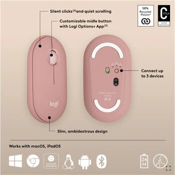Logıtech Pebble 2 M350s Kablosuz Bluetooth Sessiz Optik Mouse Pembe 910-007014 Diğer Çok Renkli