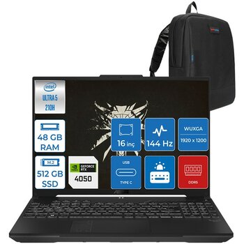 Asus Tuf Gaming F16 FX607VU Intel Core Ultra 5 210H 48GB Ddr5 512GB SSD 6GB/RTX4050/140W Freedos 16" Fhd+ 144Hz IPS Taşınabilir Bilgisayar FXRL141F...