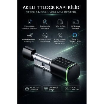 Ttlock Akıllı Kapı Kilidi Elektronik Silindir Şifreli Kartlı Mobil App Bluetooth Smart Lock Siyah