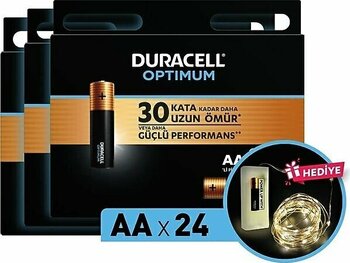 Duracell Optimum AA Alkalin Pil, 1,5 V LR6 MN1500, 24'lü paket ve Led Işık