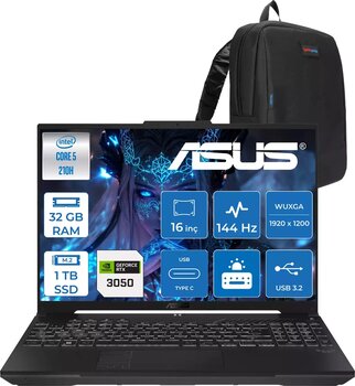 Asus Tuf Gaming F16 FX607VJ Intel Core I5-210H 32GB 1tb SSD RTX3050 6gb 16 Inç Wuxga 144Hz IPS Freedos Gaming Notebook RL033F18 + Zetta Çanta