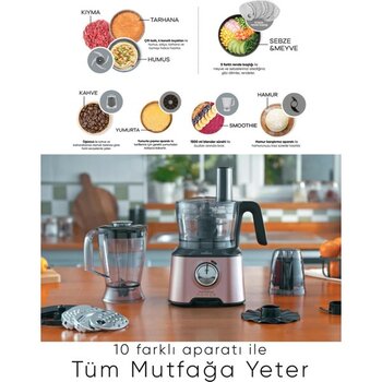Karaca 10 In 1 Çok Amaçlı Mutfak Robotu | 2000W Güçlü Motor Performansı | 4 Kanatlı Doğrayıcı | 1,5lt Geniş Hazne + Onerous Mutfak Tartısı Hediye