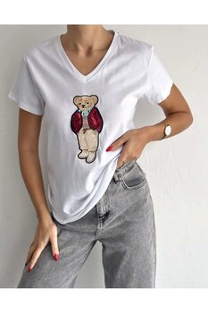 Butik Serdivan Desenli V Yaka Pullu Payet Kadın T-Shirt Laderra Bear   Nakışlı Yeni Sezon Ayıcık Trend M Beden