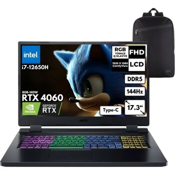 Acer Nitro 5 AN517-55-79B5 I7-12650H 64-Gbddr5 1 Tbssd RTX4060 (8GB-140W) 17.3" Fhd Windows 11 Home Taşınabilir bilgisayar + Hmf Sırt Çantası NH.QL