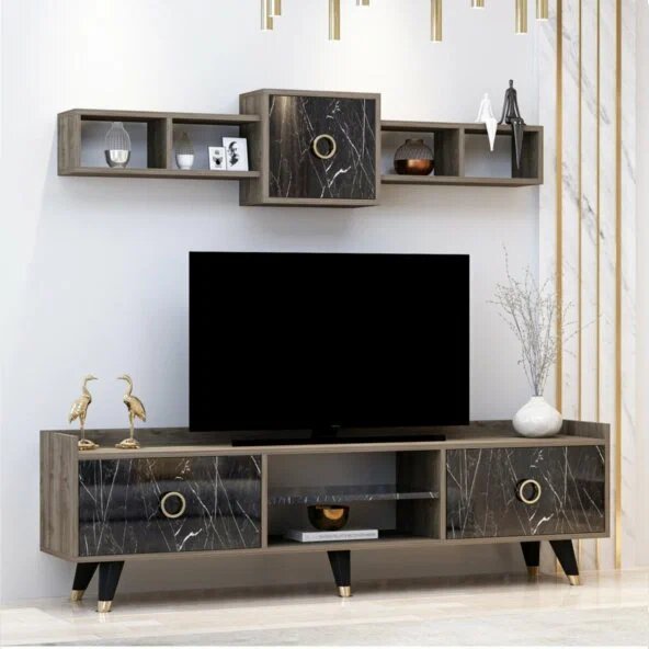 Bmdekor Greek Ceviz Siyah Mermer 180 cm TV Ünitesi