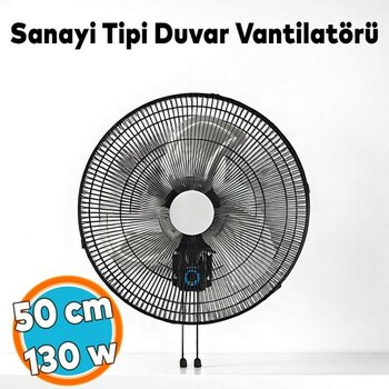 Sanayi Tipi Duvar Vantilatörü 50 cm 130W Endüstriyel Sessiz Duvara Monte Zincirli Fan