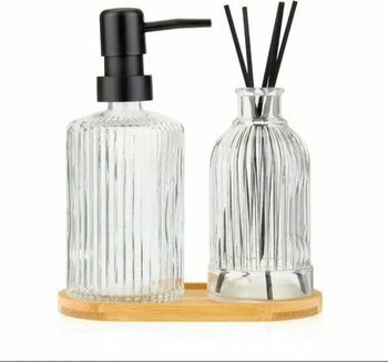Cam Sabunluk & Difüzör Seti - 2 Li Zarif Cam Şişe, Bambu Taban, Modern Banyo & Ev Dekorasyonu