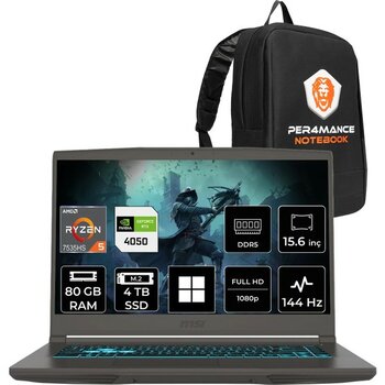 MSI Msı Thin A15 Ryzen 5 7535HS RTX4050 6gb 80GB Ram 4tb SSD 15.6" Fhd 144Hz WIN11 Pro B7VE076XTRP430 Gaming Laptop + Per4 Çanta - 4 TB - 80 GB
