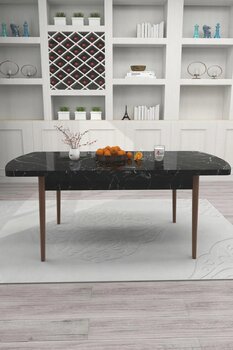 Renlife Siyah Mermer Yemek Masası Mutfak Masası Ahşap Ayaklı Oval Açılır Masa Kelebek Masa (SİYAH MERMER)