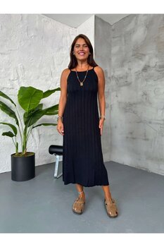 Elif Özbey Butik Siyah Merserize İp Askılı Elbise Standart Beden