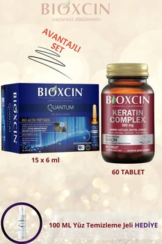 Bioxcin Dökülen ve Hacimsiz Saçlar için quantum Serum 5x6 ml + Keratin Complex 60 Tablet + Jel HEDİYE