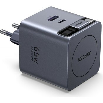Ugreen 65W Makaralı Dahili Kablolu Gan Hızlı Şarj Cihazı, 2xusb-C, 1xusb-A, Gri, 65825 - Gri