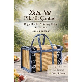 Modern Piknik Dokuma Sepet, Hasır Saklama Çantası ve Organizer - Seçenek 1 - Altın