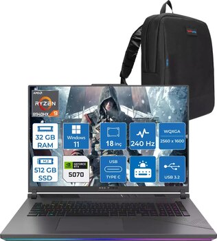 Asus Rog Strix G18 G814PP Amd Ryzen 9 8940HX Aı 32GB 512GB SSD 8GB/RTX5070 Gddr7 115W 18"2.5k (2560 x 1600, Wqxga) 240Hz 3ms Windows 11 Home Taşınabilir Bilgisayar WS9046H09+ZETTAÇANTA