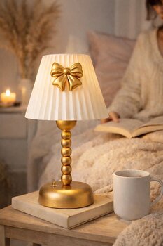 Bubihome Kablosuz Kullanım Pilli LED Abajur | Gold Gövde Fiyonk Detaylı Dekoratif Pileli Masa Lambası | 35 cm