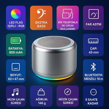 Samsung Galaxy S26 Ultra Uyumlu Bluetooth Hoparlör Ekstra Bass, LED Işıklı, Taşınabilir Mini Hoparlör - Gümüş