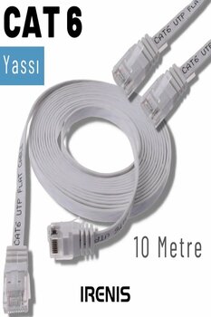 IRENIS Cat6 Yassı Ethernet Kablosu 10 Metre Beyaz Network Kablosu