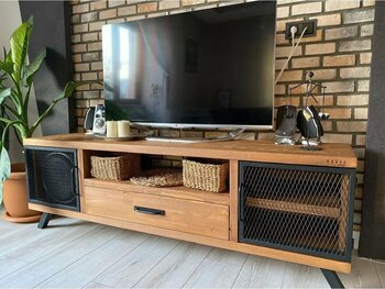 deryawood Style Masif Ahşap Demir Kapaklı Tv Ünitesi -Açık Ceviz RENK-180X43X55 cm