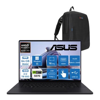Asus Proart P16 Wh7606wp Ryzen Aı 9 Hx370  64gb Ddr5 2tb+2tb Ssd 8gb/Rtx5070 16.0-Inch, 4k (3840 X 2400) Oled  0.2ms Dokunmatik Ekran Windows 11 Home Taşınabilir Bilgisayar Wme020h06+Zettaçanta