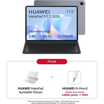 Huawei Yeni (2026) MatePad 11.5S Ultra Net PaperMatte Ekran 12GB 256GB Uzay Grisi + Ayrılabilir Klavye - Gri