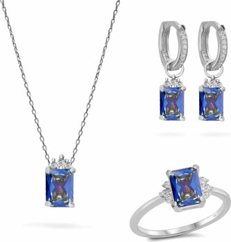 Silveranka 925 Ayar Gümüş Blue Topaz Baget Taşlı Trend Takı Seti