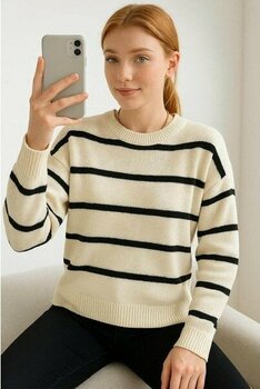 Fashion Friends Bisiklet Yaka Çizgili Bej Kadın Kazak 25K0093K1 - L