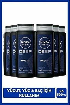 NIVEA Men Deep Dimension Duş Jeli Erkeksi Odunsu Koku 500 ml x 6 Vücut Yüz ve Saç İçin