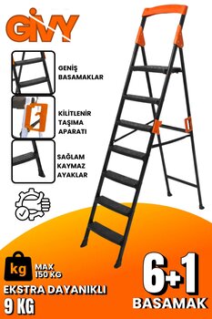 GİVY Primo 6+1 Basamaklı Katlanır Merdiven | Ev Tipi Kaymaz Plastik Geniş Basamaklı 6+1 Merdiven