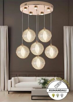 Burenze Modern Tasarım Venezia Led Avize Altılı Sarkıt Avize Kumandalı 3 Renk Dimmer Özellikli Gold Sarı