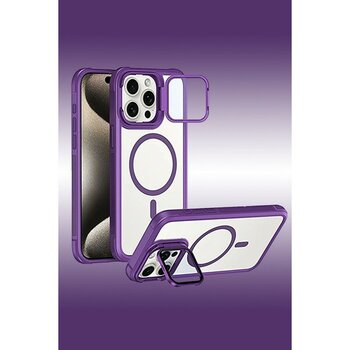 iPhone 15 Pro Uyumlu Standlı Kamera Kısmı Cam Korumalı Arkası Mat Renkli Magsafe Kılıf - Derin Mor