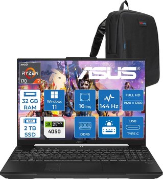 Asus Tuf Gaming A16 (Fa607nuq-Gaming) Amd Ryzen™ 7 170 32gb Ddr5 2tb Ssd Rtx4050/6gb 140w 16″/Fhd+ 16:10 (1920 X 1200, Wuxga) 300 Nits, 144hz, Win11pro Taşınabilir Bilgisayar Rl028p14+Zettaçanta