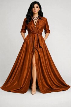 SERAVENZA COUTURE Maxi Boy Seyyar Kuşaklı Önü Fermuar Detaylı Şık Tafta Davet Elbisesi 46 Beden