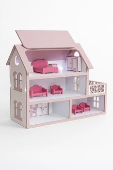 hedefixtoys Ahşap Boyalı Oyuncak Bebek Evi – Led Işıklı Mobilyalı Bebek Evi