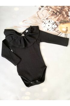 Mini Kids Baby Kız Bebek Siyah Yakası Fırfırlı Body Çıtçıtlı Zıbın Romper 9 - 12 Ay Beden