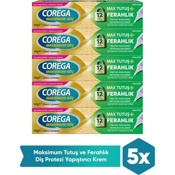 Corega Max Tutuş & Ferahlık Diş Protezi Yapıştırıcı Krem 40G x 5 Adet