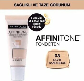 Maybelline New York Affinitone 03 Light Sandbeige Korumasız Nemlendiricili Işıltılı Kapatıcılık 30 ml Su Geçirmez Yok Fondöten