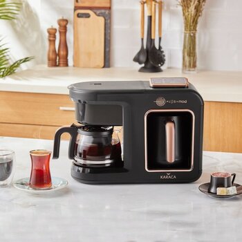 Karaca 10 Fincan Kapasiteli 5 In 1 Konuşan Közde ve Sütlü Türk Kahvesi ve Filtre Kahve Makinesi - Siyah