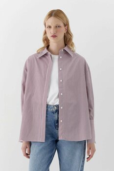 MARKALİSTE Oversize Çizgili Gömlek Bordo 36 Beden
